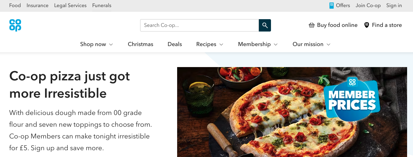 Coop.co.uk navigation showing Shop now, Christmas, Deals, Recipes, Membership and Our mission items